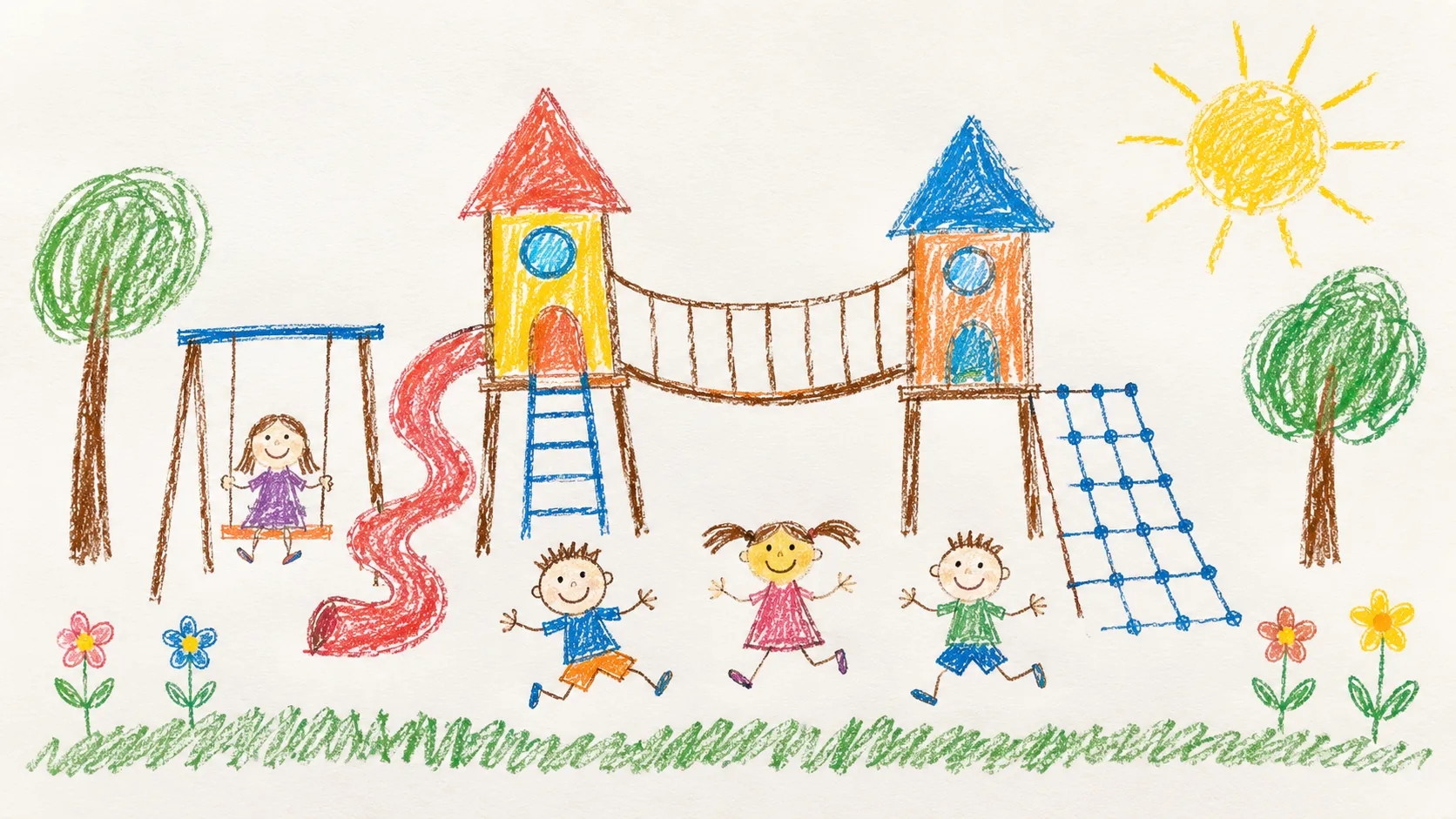 Disegno a pastelli di un parco giochi: altalena, scivolo, due torri con ponte e bambini che corrono sul prato